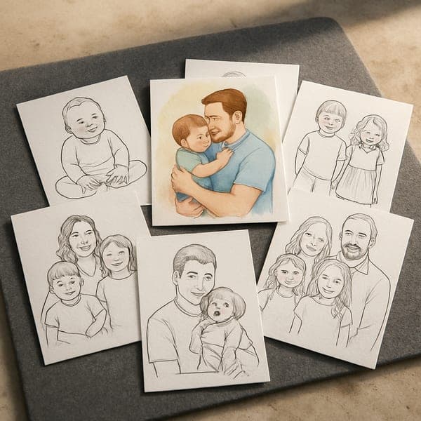 Eight coloring postcards fanned out on a desk, one colored in